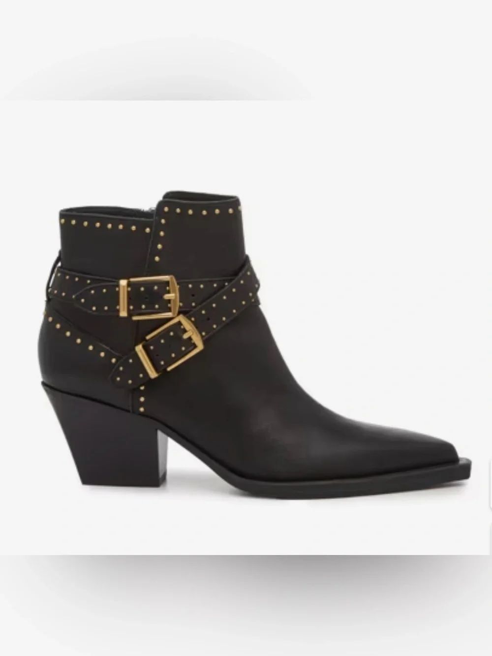 Dolce Vita ROLAND Black Leather Gold Stud Buckle Western Style Zip Ankle Boots